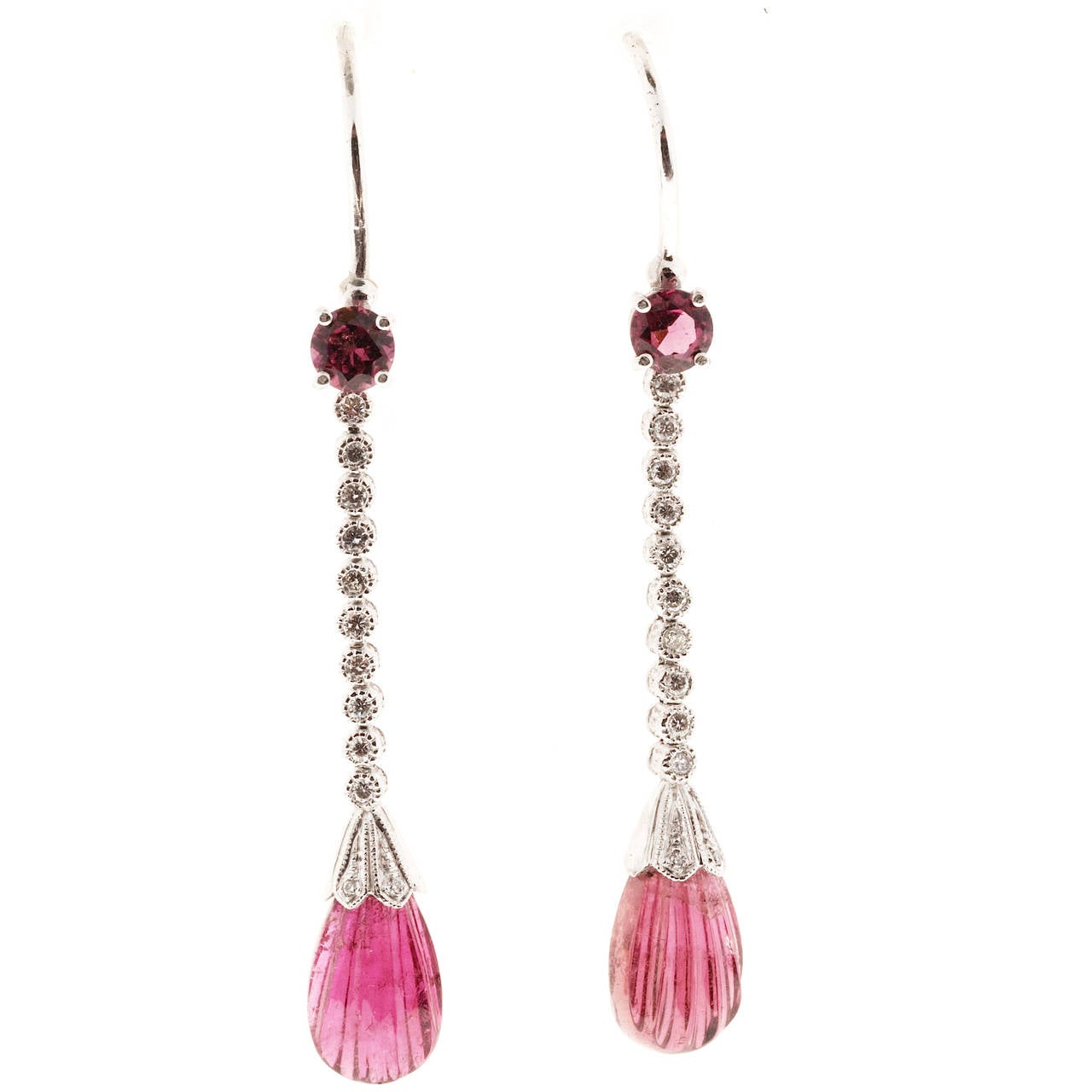 Diamond Pink Tourmaline Platinum Engraved Dangle Earrings In Good Condition In Stamford, CT