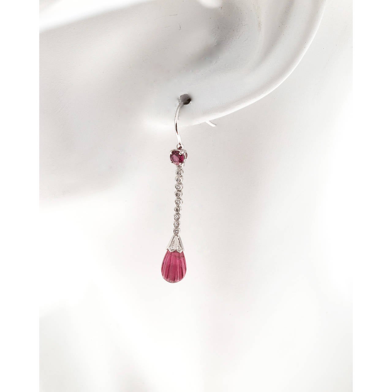 Diamond Pink Tourmaline Platinum Engraved Dangle Earrings 2