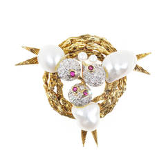 Trio Pearl Diamond Ruby Baroque Pearl Bird Nest Pin 6