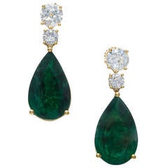 Important Pear-Shaped Emerald, Old European Cut Diamond Gold Earrings