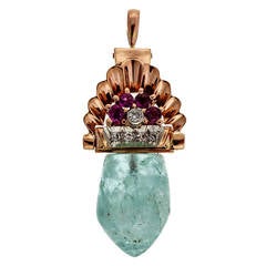 Art Deco Pink Gold Natural Aqua Ruby Diamond Pendant 11