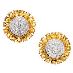 Domed Button Citrine Diamond Cluster Gold Earrings 1