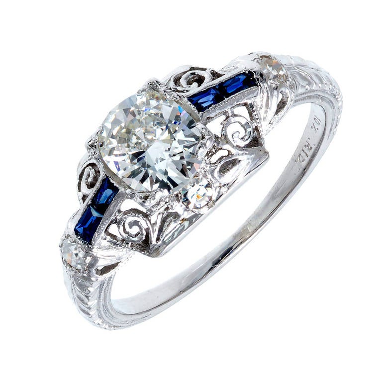 Art Deco EGL Certified .73 Carat Diamond Sapphire Platinum Engagement Ring