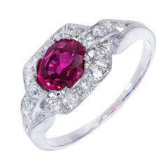 Art Deco Purplish Pink Certified Burma Ruby Platinum Diamond Ring