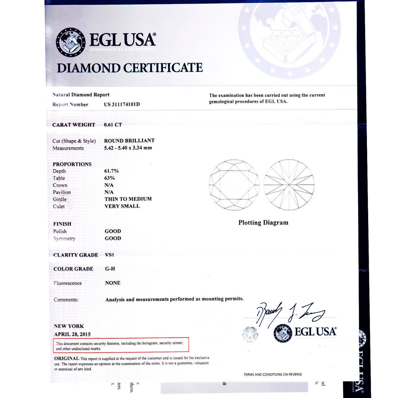Women's EGL Certified .61 Carat Diamond Platinum Engagement Ring