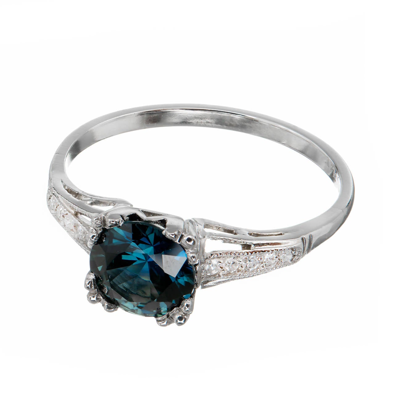 Rare beautiful vintage one of a kind 1.54ct dark greenish blue transitional cut natural untreated Sapphire in its original 1940 late Art Deco solid Platinum simple engagement ring. Wonderful color, unlike any we have seen. Very bright. One or 2