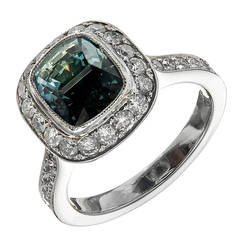Peter Suchy Rare Greenish Blue Sapphire Diamond Platinum Halo Engagement Ring