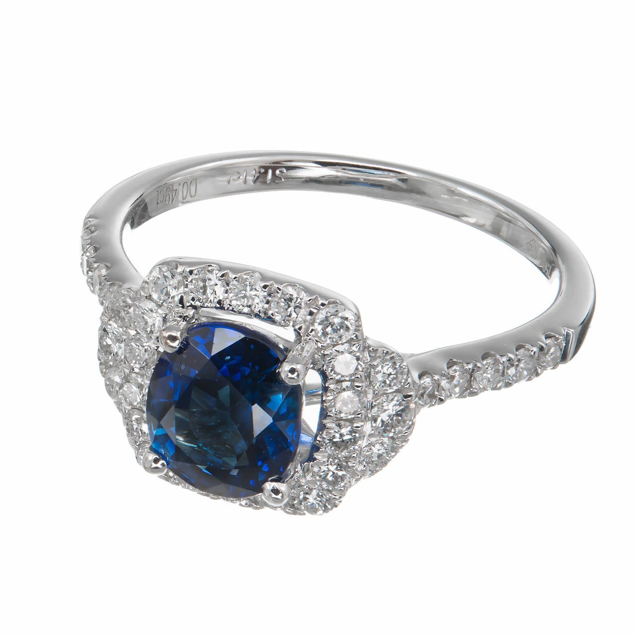 Bright, crisp, pure blue cushion cut Sapphire and diamond halo engagement  ring. Beautiful white full cut diamonds. Certified simple heat only, no other enhancements.

1 cushion blue Sapphire, approx. total weight 1.41cts, simple heat only, no other