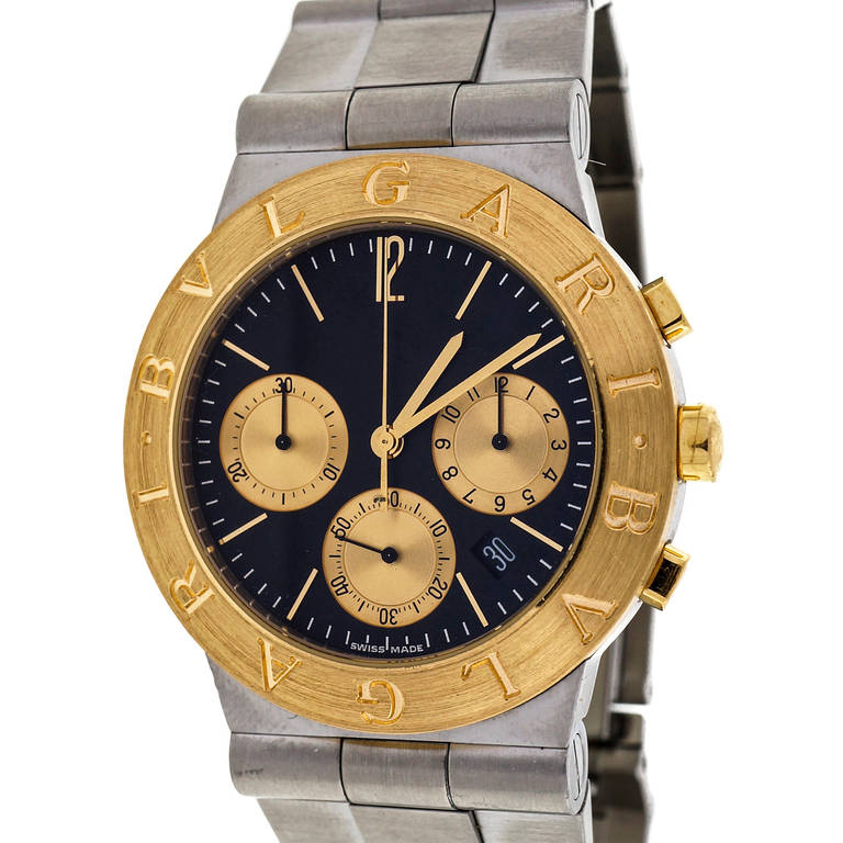 Bulgari stainless steel and 18k yellow gold Diagono chronograph wristwatch, CH35 SG. Reliable Quartz movement.

Stainless steel and 18k yellow gold  
Length: 7 inches 
Length: 45mm 
Width: 35.58mm 
Band width at case: 22mm 
Case thickness: