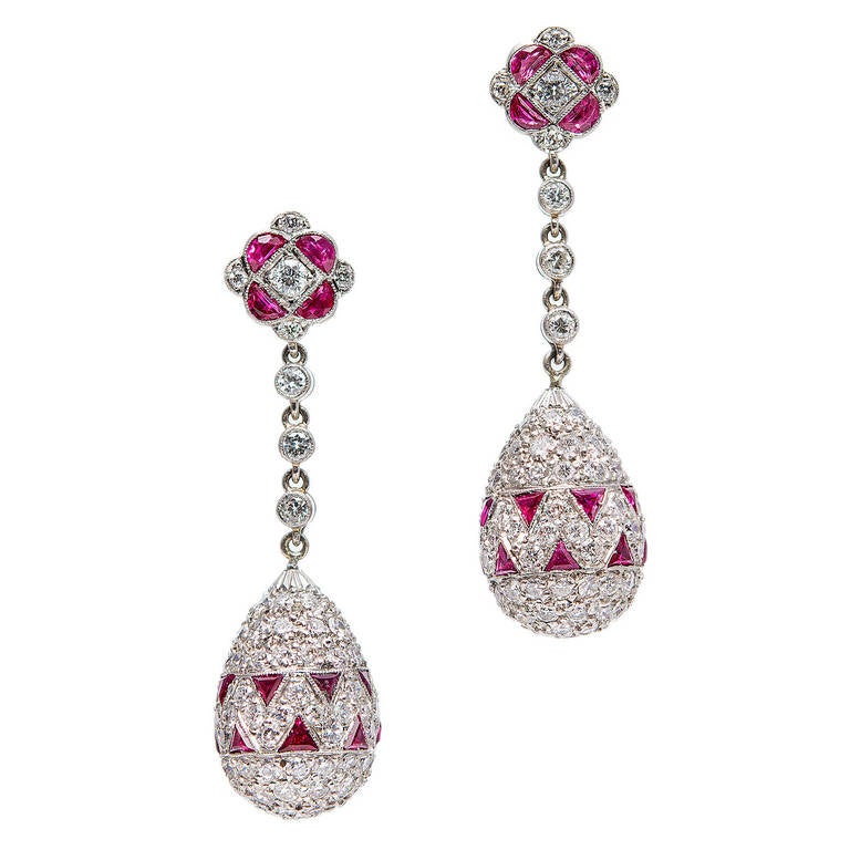 Ruby Diamond Platinum Dangle Drop Earrings