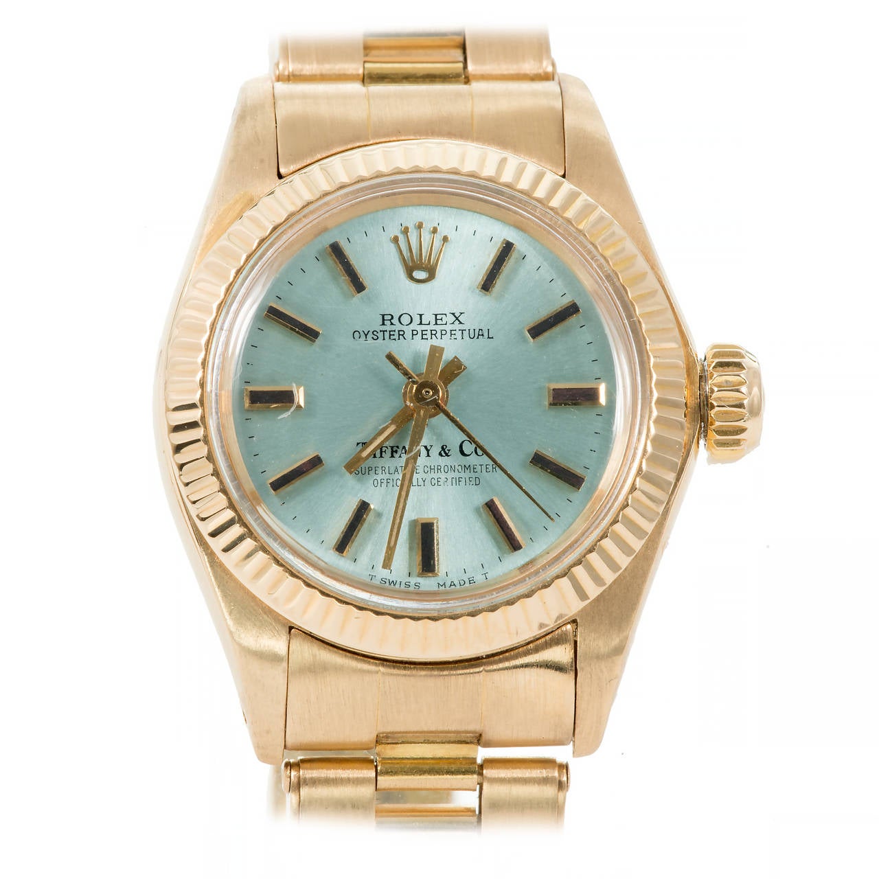 Tiffany & Co. Rolex Lady's Yellow Gold Ice Blue Dial Wristwatch Ref 6719