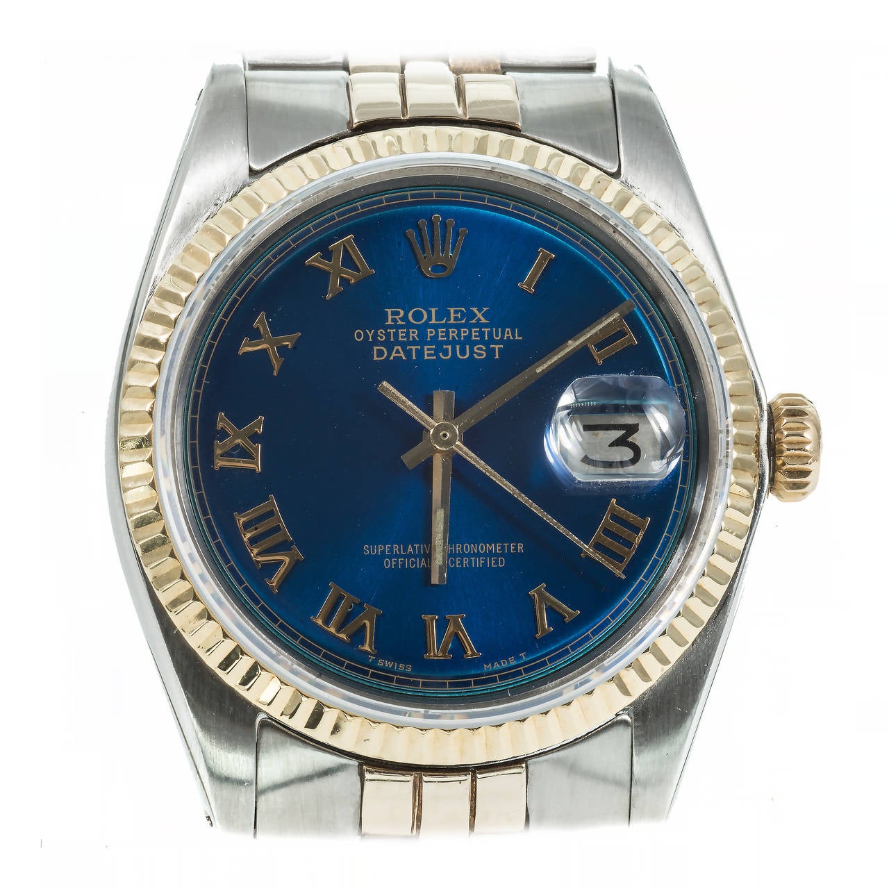  Rolex 1601 steel and 18k gold Rolex with Sapphire crystal and Original Rolex Dial custom refinished by Peter Suchy with multiple layers  of shiny bright blue with  gold color Roman numerals. 18k and steel Rolex Jubilee band. 

18k yellow gold and