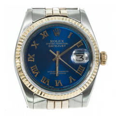Rolex Yellow Gold Stainless Steel Datejust Blue Refinished Dial Wristwatch