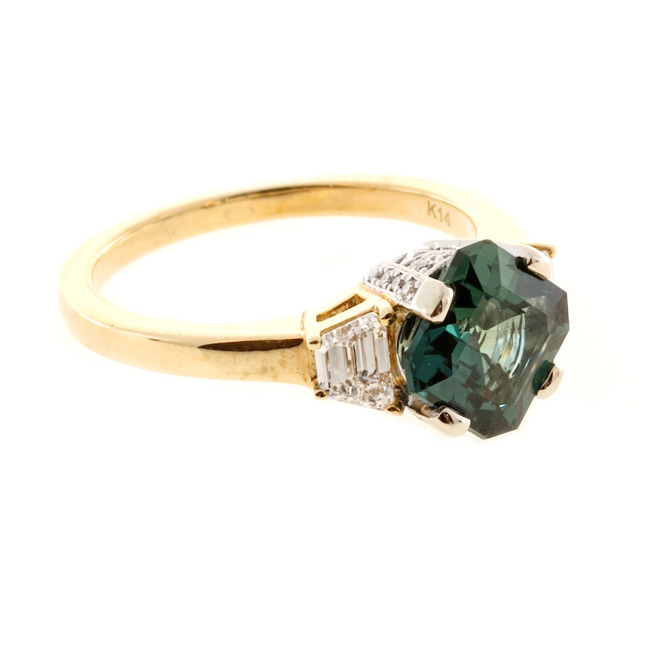 Rare one of a kind MK 1920's Art Deco natural bluish green Sapphire from an estate.

AGL certified 2.33ct natural no heat grayish blue green Sapphire, no enhancements. AGL certificate # GB50723
22 round full cut diamonds, approx. total weight