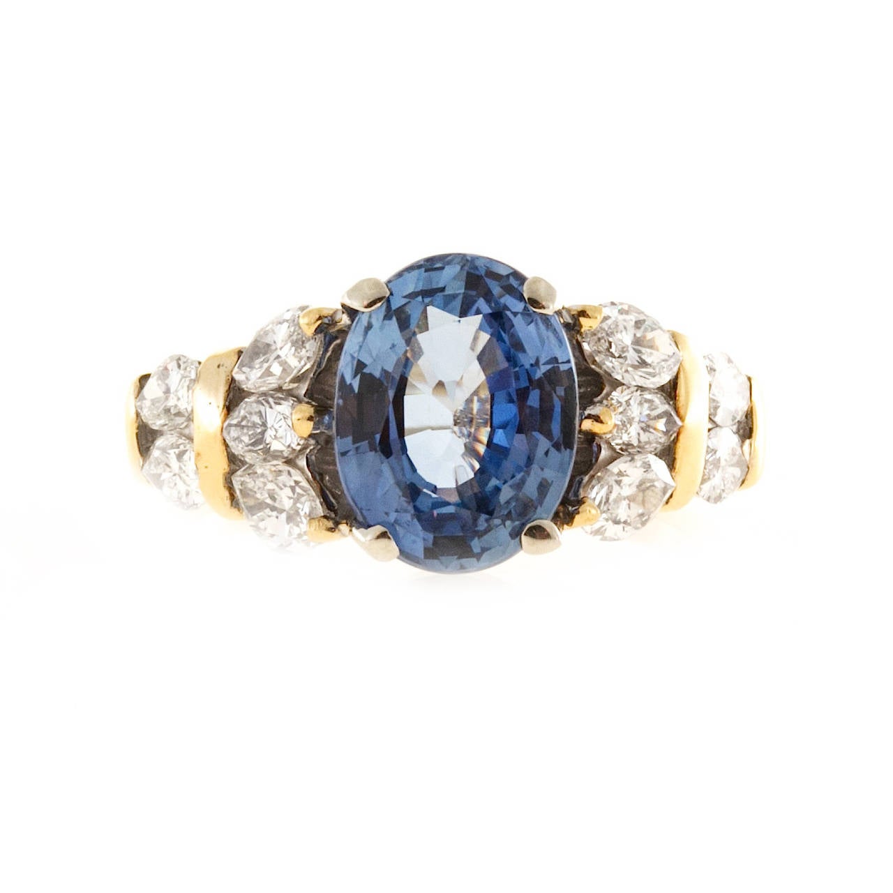 Periwinkle Blue Sapphire Marquise Diamond Gold Engagement Ring In Good Condition In Stamford, CT
