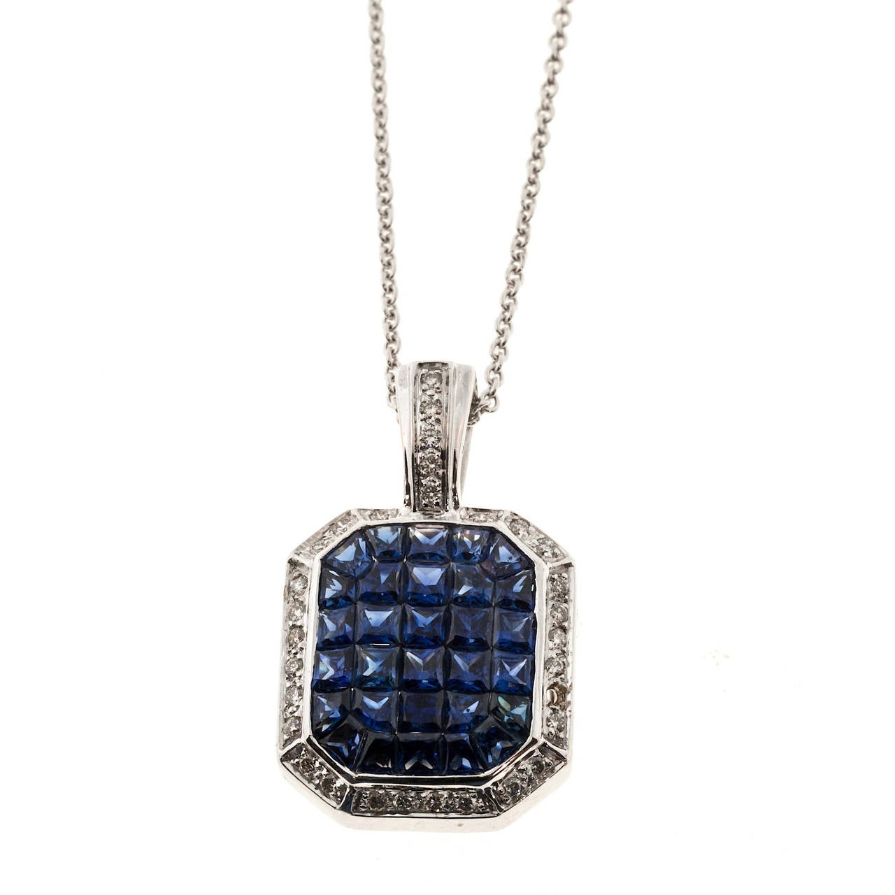 Invisible Set Sapphire Diamond Gold Pendant Necklace For Sale at 1stdibs
