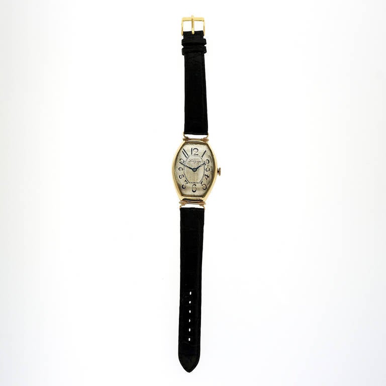 Rare oversized Art Deco Longines 14k yellow gold tonneau wristwatch, circa 1925. Manual-wind movement. Original dial with natural patina. Fully serviced. Runs well and keeps good time. 

14k yellow gold 
Movement: 17 jewels, adjusted to temp and
