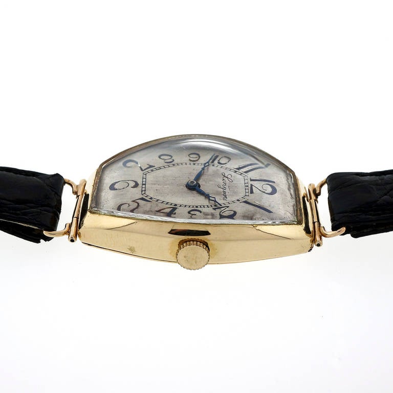 Art Deco Longines oversize Yellow Gold Tonneau Wristwatch circa 1925