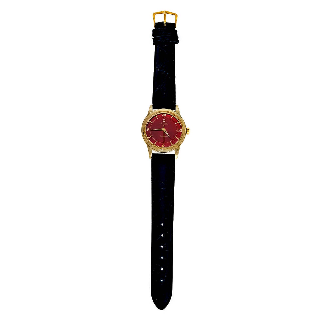 Women's or Men's Omega Yellow Gold Seamaster Automatic Custom Red Dial Wristwatch