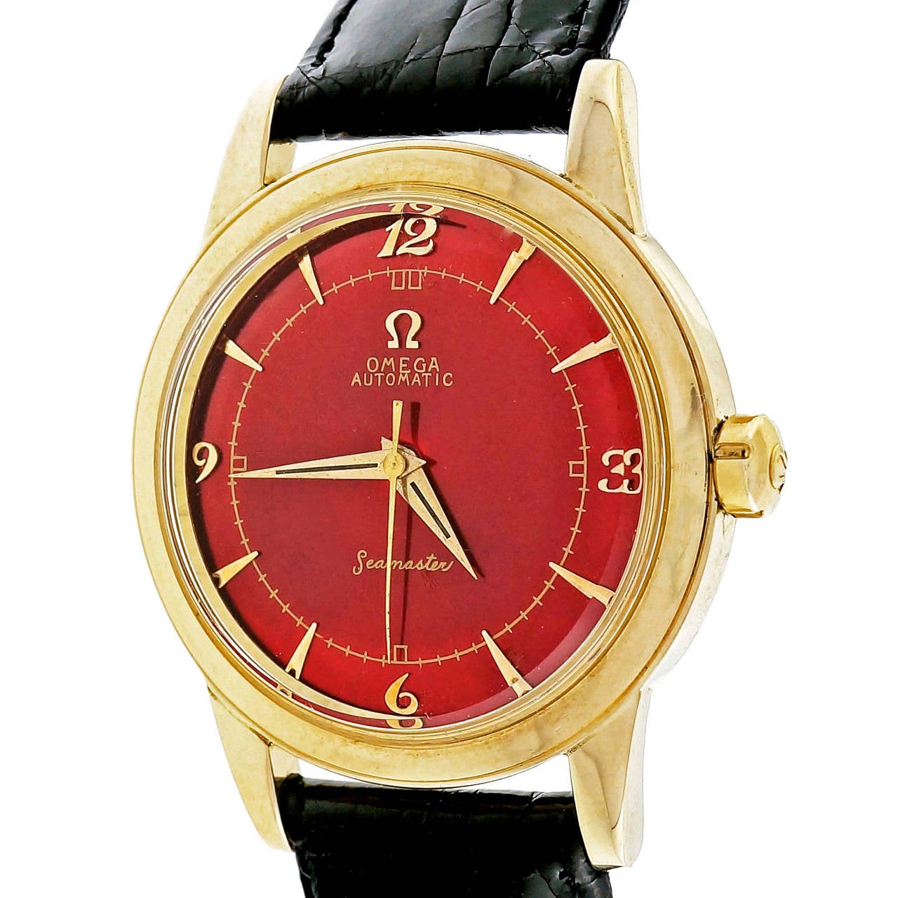 Omega Yellow Gold Seamaster Automatic Custom Red Dial Wristwatch 2