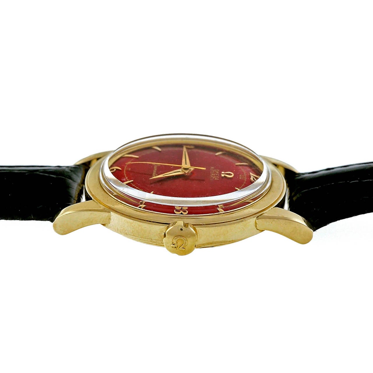 Omega Yellow Gold Seamaster Automatic Custom Red Dial Wristwatch 1
