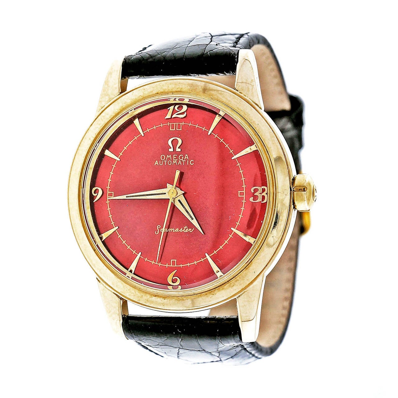 Omega Yellow Gold Seamaster Automatic Custom Red Dial Wristwatch 3