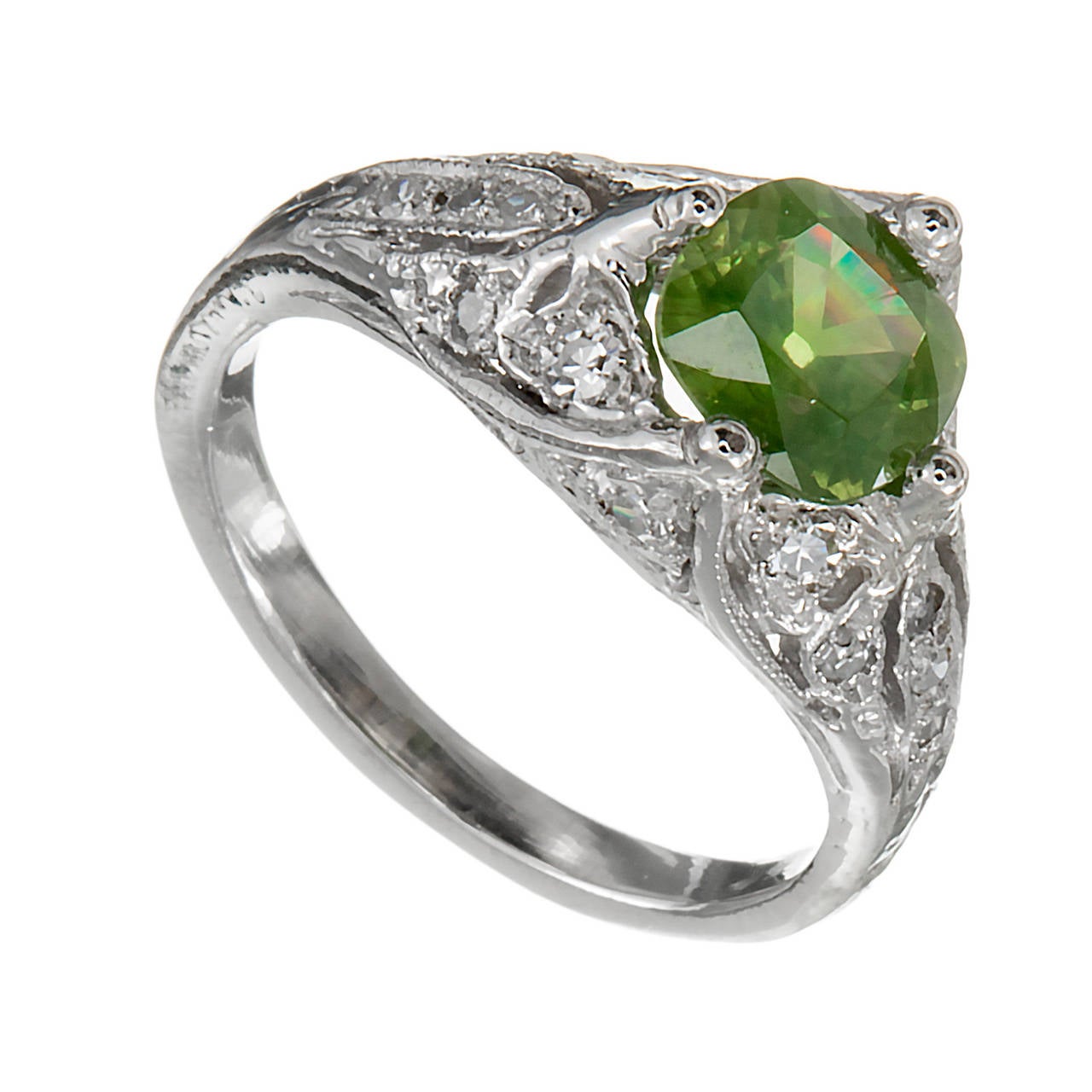 Green Demantoid Diamond Platinum Ring For Sale at 1stdibs