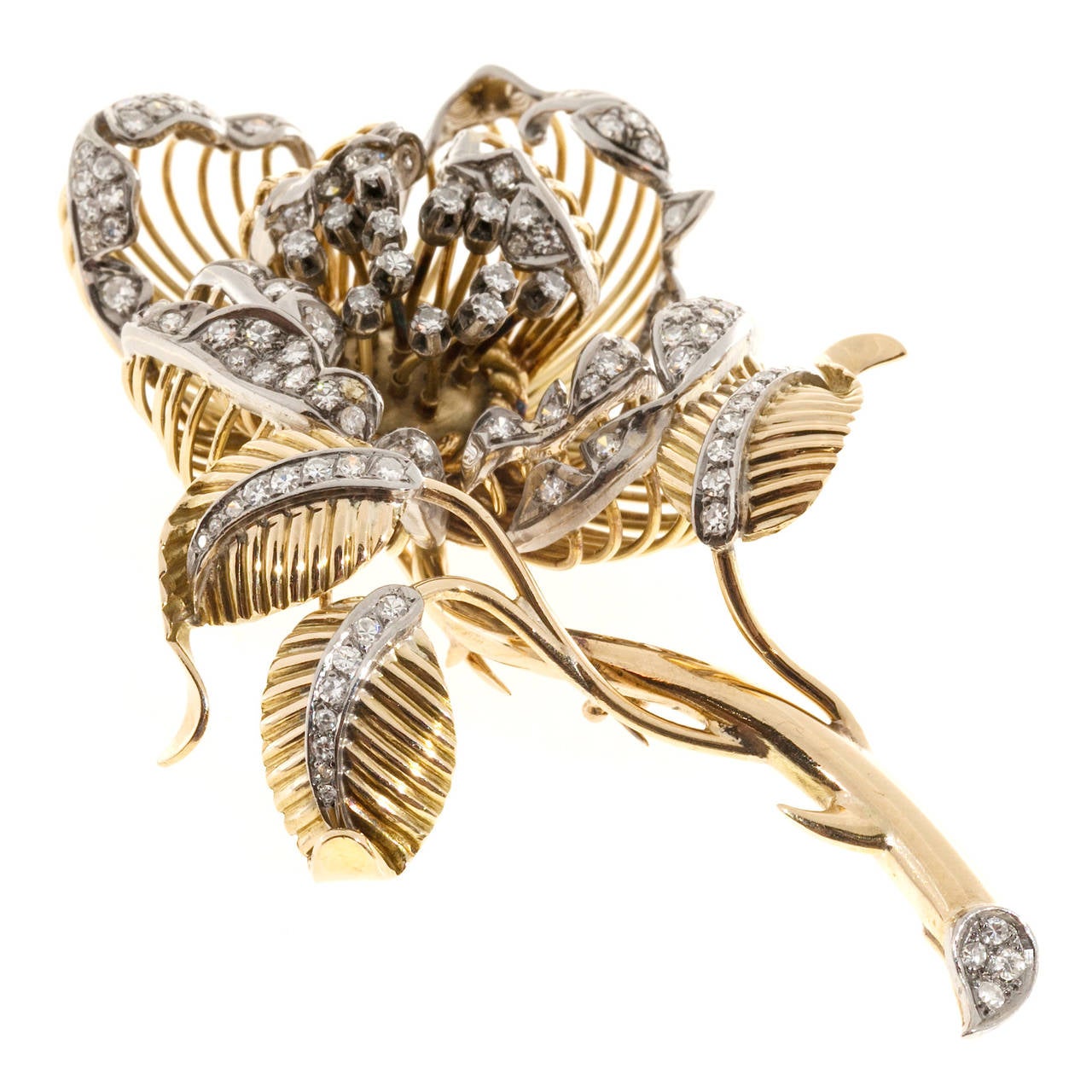 De las mujeres Broche Flor de Oro Bicolor Diamante En Tremblant de 2,20 Quilates en venta