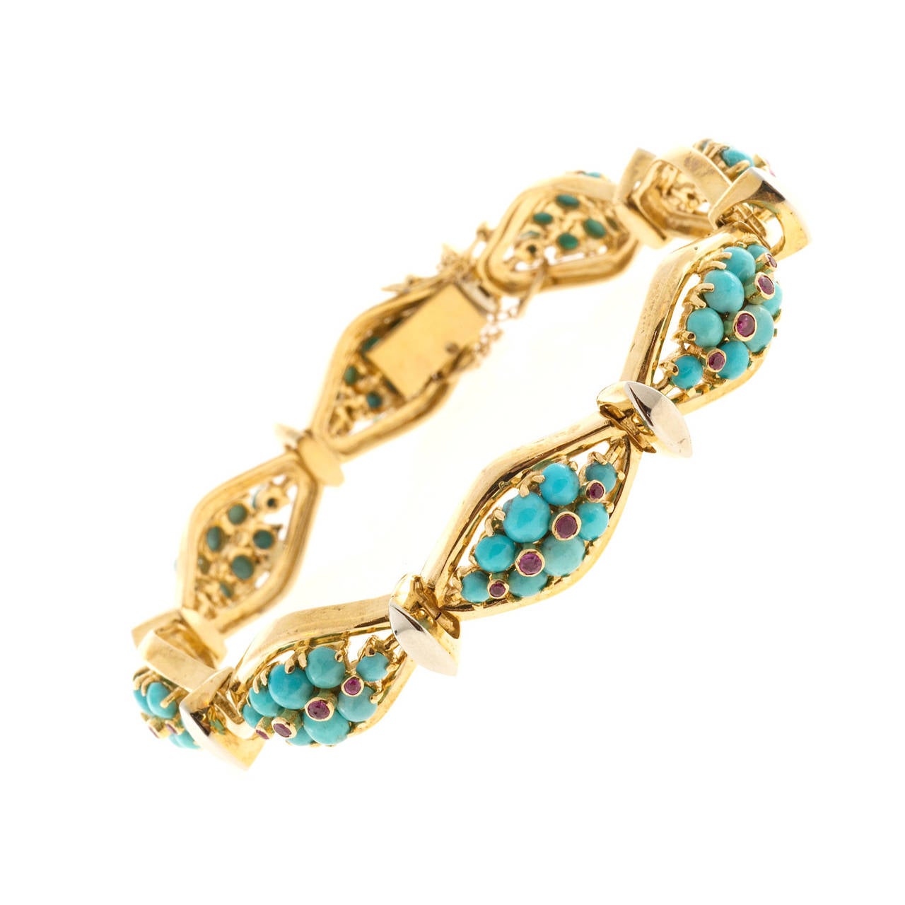 Persian Turquoise Ruby Gold Hinged Link Bracelet For Sale at 1stdibs