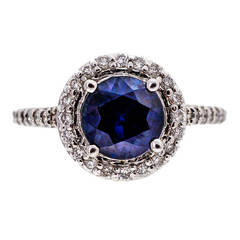 Retro Royal Blue Sapphire Diamond White Gold Halo Engagement Ring