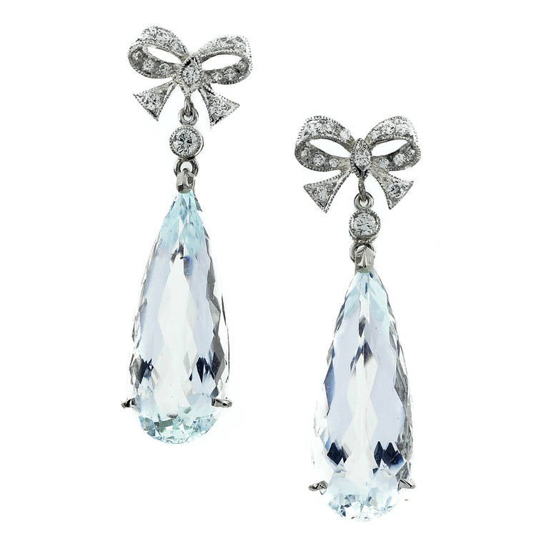 Natural Aquamarine Diamond Gold Dangle Earrings with Bow