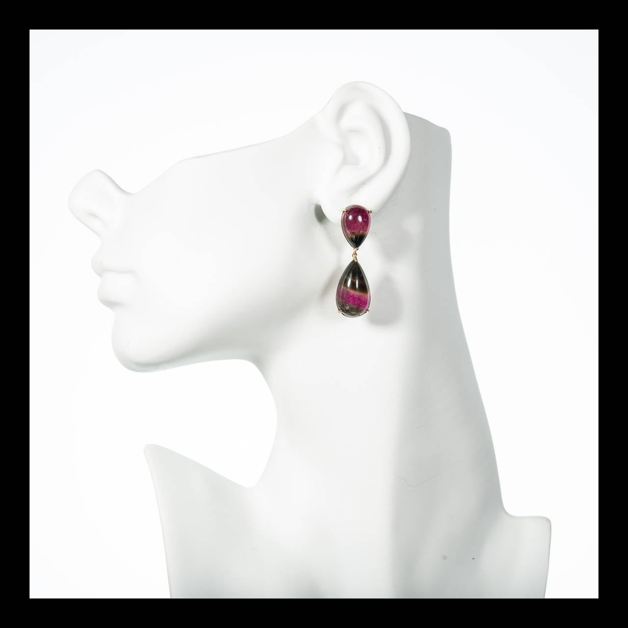 Peter Suchy Pink and Green Cabochon Tourmaline Yellow Gold Dangle Earrings 2