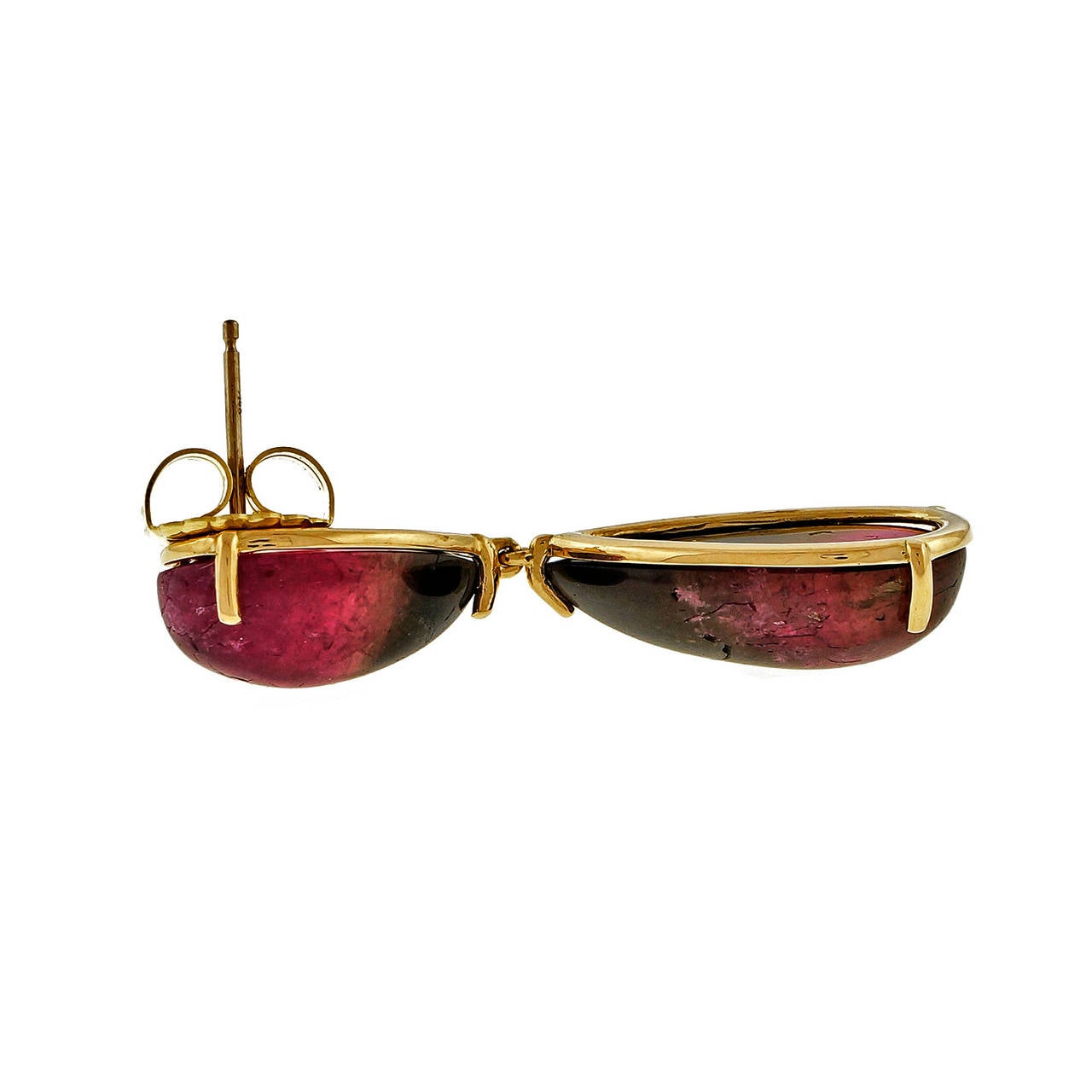 Peter Suchy Pink and Green Cabochon Tourmaline Yellow Gold Dangle Earrings In Good Condition In Stamford, CT