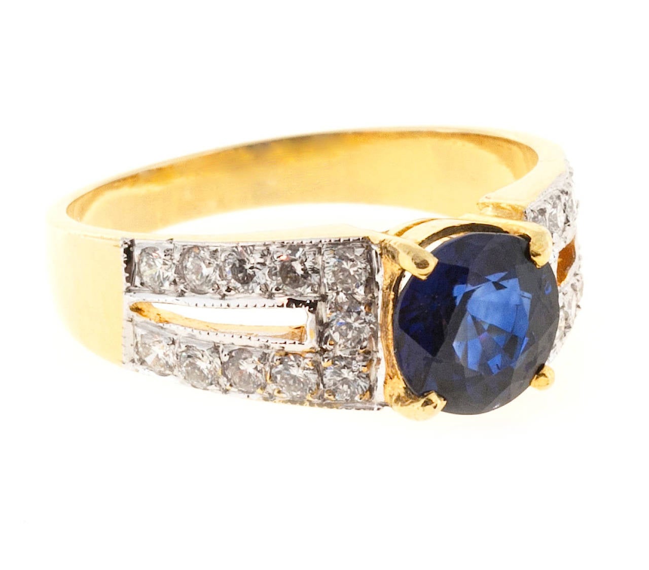 Round Sapphire Pave Diamond Gold Engagement Ring at 1stDibs