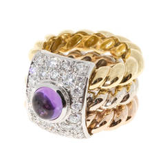 Amethyst Cabochon Diamond Three Color Gold Cocktail Ring 12