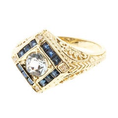 Antique Aquamarine Sapphire Diamond Gold Filigree Ring
