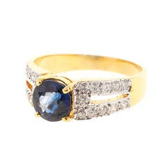 Round Sapphire Pave Diamond Gold Engagement Ring
