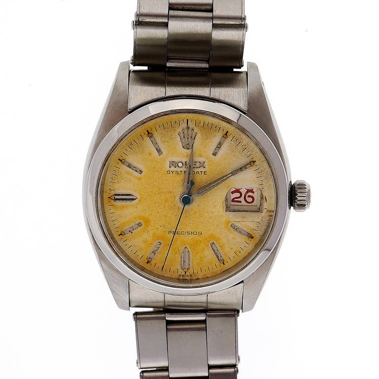 Vintage Rolex Stainless Steel Oysterdate Wristwatch Ref 6491 In Good Condition In Stamford, CT