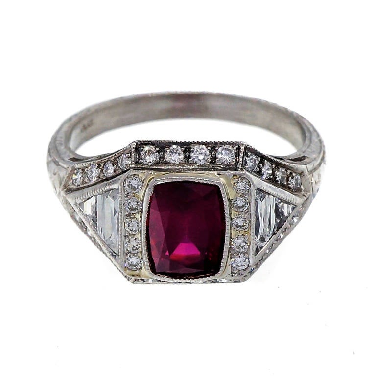 Art Deco Natural Ruby Diamond Platinum Ring For Sale at 1stdibs