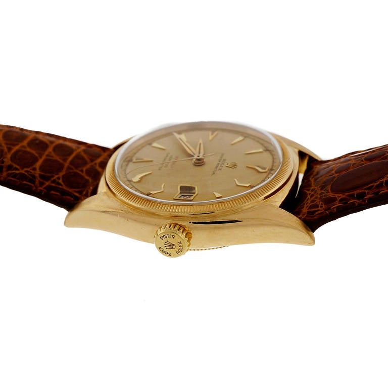 Rolex Yellow Gold Oyster Perpetual  Ovettone Wristwatch Ref 6105 circa 1957 In Good Condition In Stamford, CT