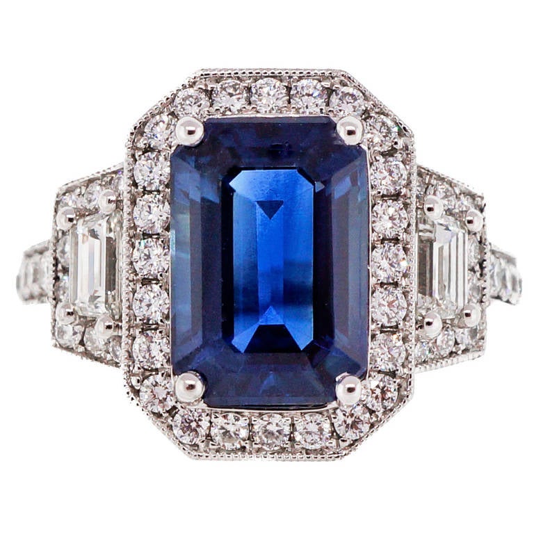 Peter Suchy Emerald Step-Cut Sapphire Halo Diamond Platinum Ring For ...