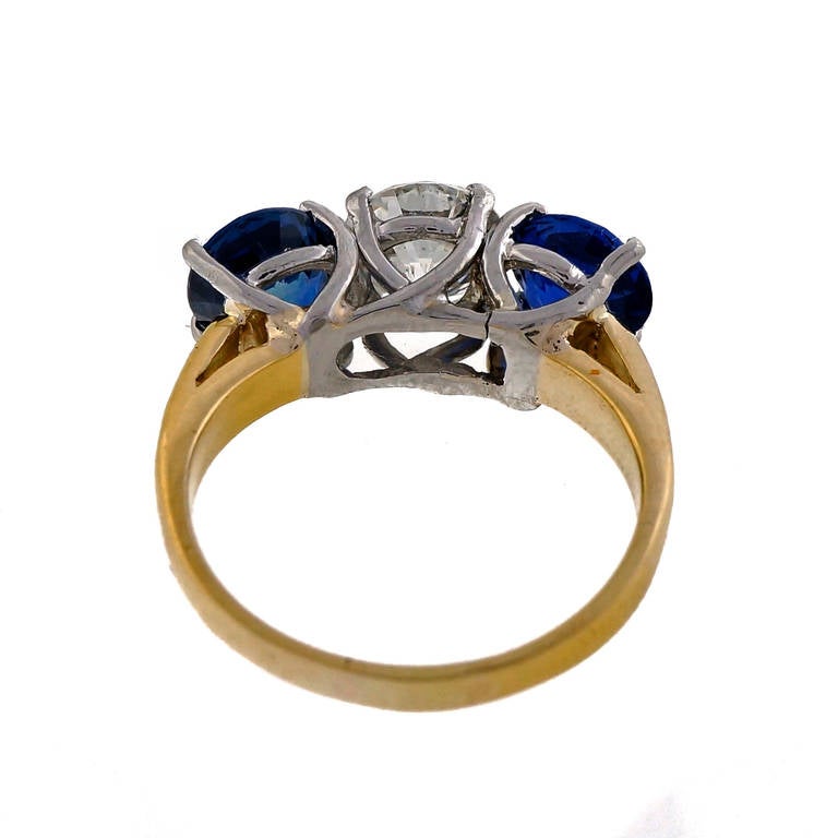 Modern Ceylon Sapphire Diamond Lucida Three Stone Yellow Gold Platinum Ring