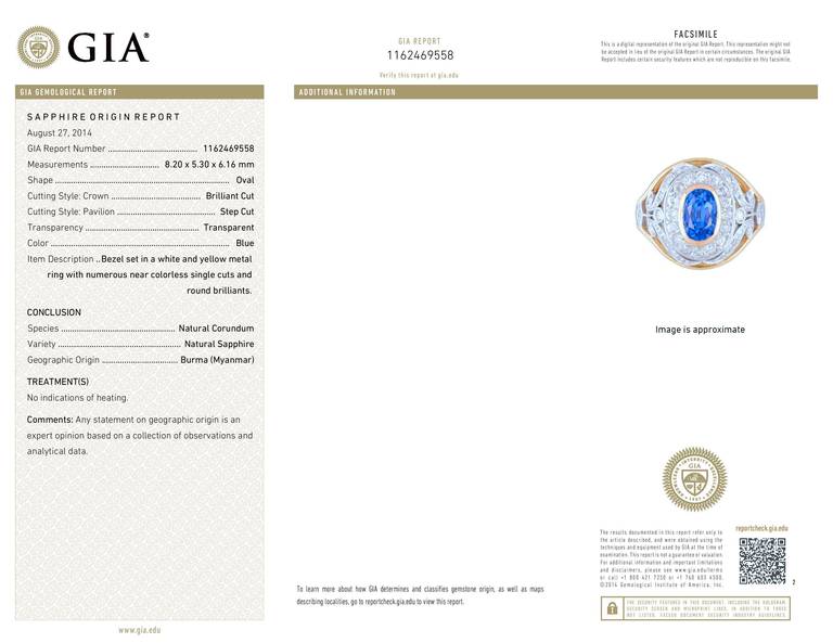 GIA Certified 2.60 Oval Carat Sapphire Diamond Halo Gold Platinum Cocktail Ring In Good Condition For Sale In Stamford, CT