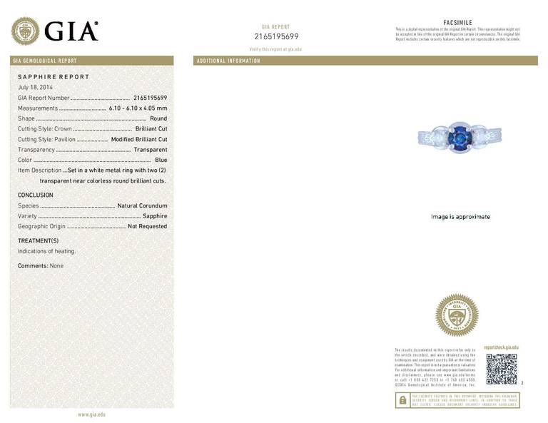 Women's GIA Certified 1.38 Carat Blue Sapphire Diamond Gold Three-Stone Engagement Ring