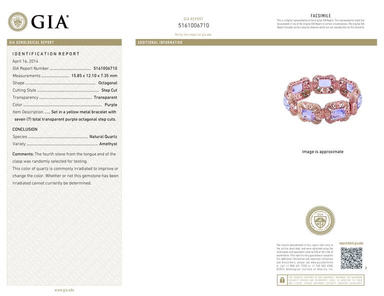 Emerald Cut GIA Certified 70.00 Carat Amethyst Pink Green Gold Art Deco Bracelet