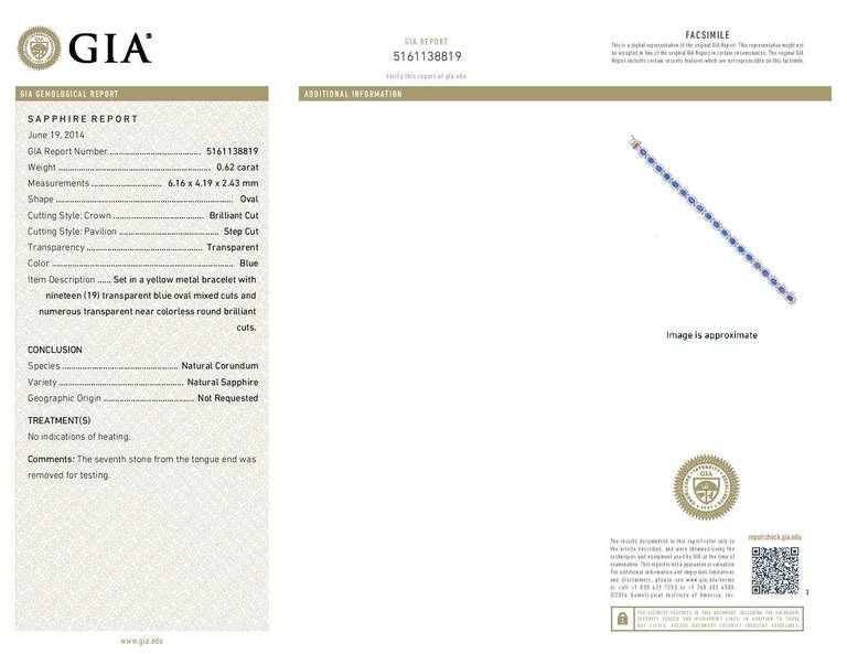 Women's GIA Certified 15.50 Carat Oval Sapphire Round Diamond Yellow Gold Bracelet For Sale