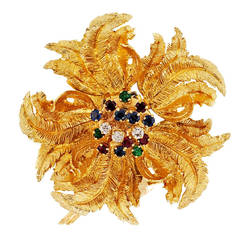 1950s Multi Stone Yellow Gold En Tremblant Flower Pin