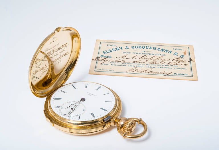 Emile Peret, Locle, Swiss, 1865, hunting case. Minute repeating pocket watch with porcelain dial, movement number 16666, case number 20175, size 20 L, 10 independent bridges, mustache lever, 28 jewels, highly jeweled repeater.

This is a minute