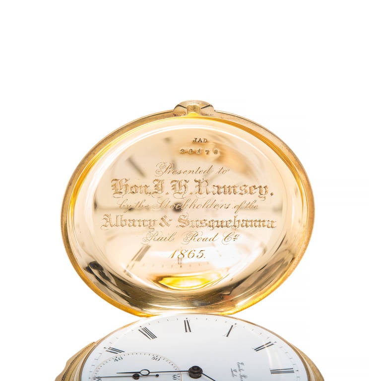 Gold-Taschenuhr mit Minutenrepetition von A & S Railroad, J.H. präsentiert an J.H. Ramsey, 1865 im Zustand „Gut“ im Angebot in Stamford, CT