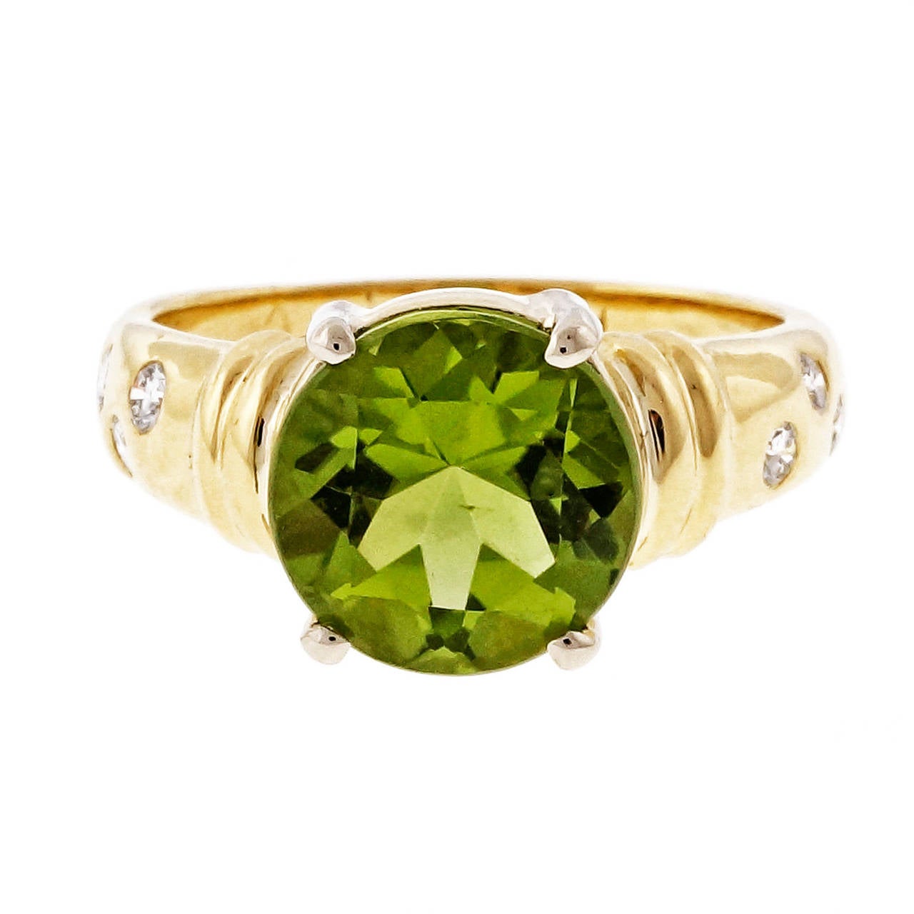3.90 Carat Peridot Diamond Gold Platinum Engagement Ring In Good Condition In Stamford, CT